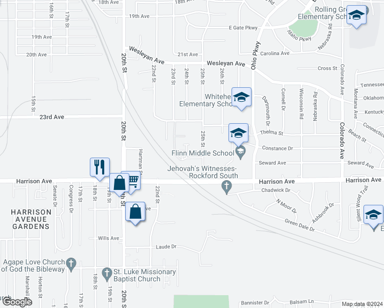map of restaurants, bars, coffee shops, grocery stores, and more near 2812 Rudeen Close in Rockford
