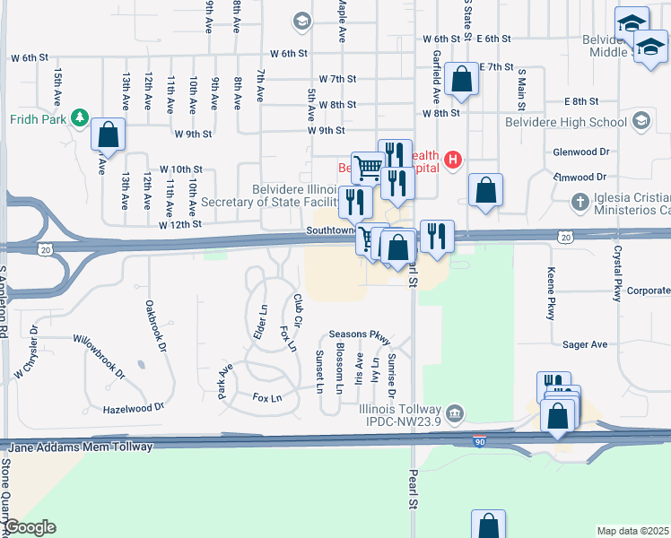 map of restaurants, bars, coffee shops, grocery stores, and more near 500 West Chrysler Drive in Belvidere