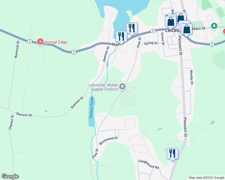 map of restaurants, bars, coffee shops, grocery stores, and more near 124 Pine Street in Leicester
