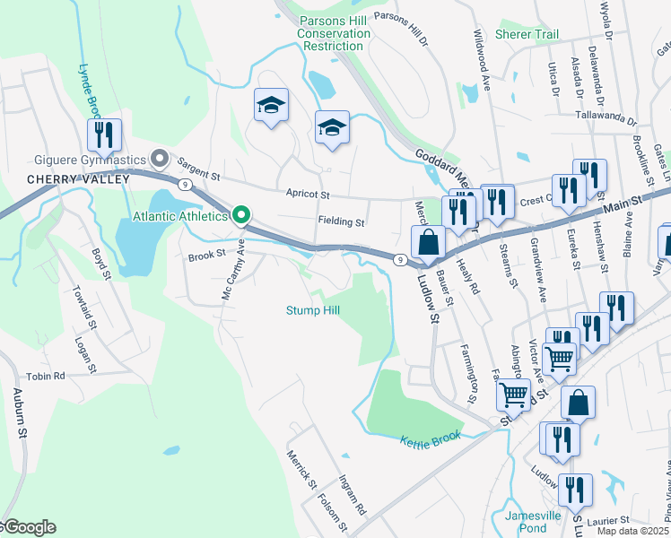 map of restaurants, bars, coffee shops, grocery stores, and more near 1511 Main Street in Worcester