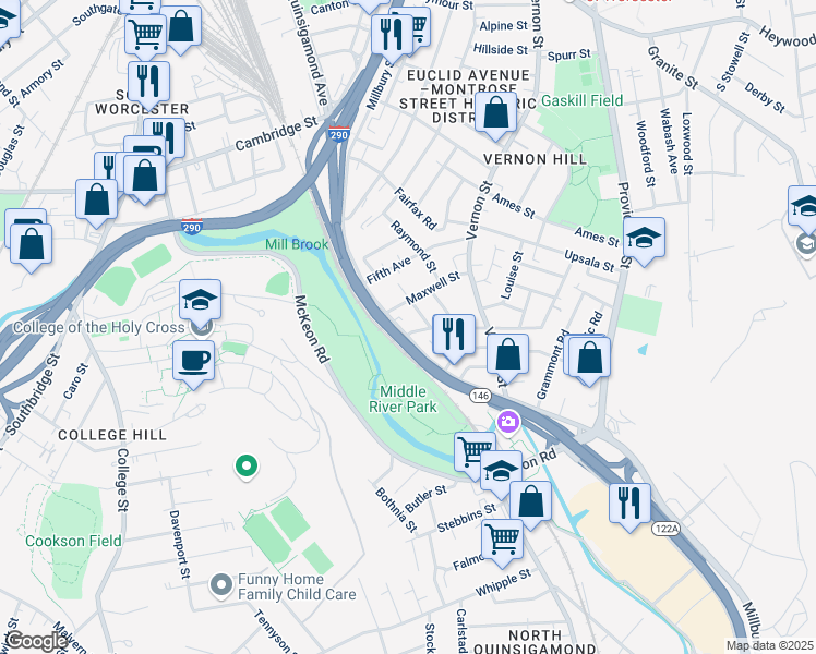 map of restaurants, bars, coffee shops, grocery stores, and more near in Worcester