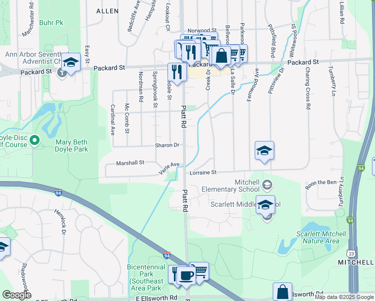map of restaurants, bars, coffee shops, grocery stores, and more near 3421 Platt Road in Ann Arbor