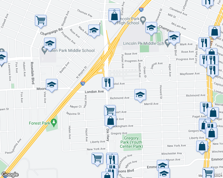 map of restaurants, bars, coffee shops, grocery stores, and more near 1872 London Avenue in Lincoln Park
