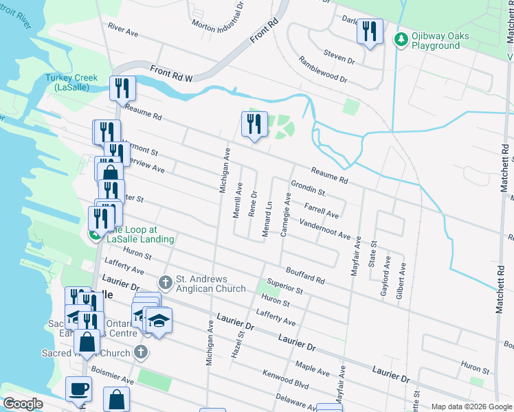 map of restaurants, bars, coffee shops, grocery stores, and more near 441 Rene Drive in Windsor