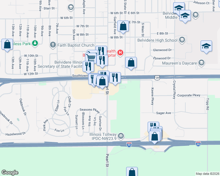 map of restaurants, bars, coffee shops, grocery stores, and more near 320 W Chrysler Dr in Belvidere