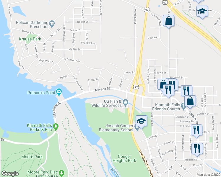 map of restaurants, bars, coffee shops, grocery stores, and more near 142 Nevada Street in Klamath Falls