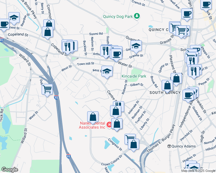 map of restaurants, bars, coffee shops, grocery stores, and more near 444 Granite Street in Quincy
