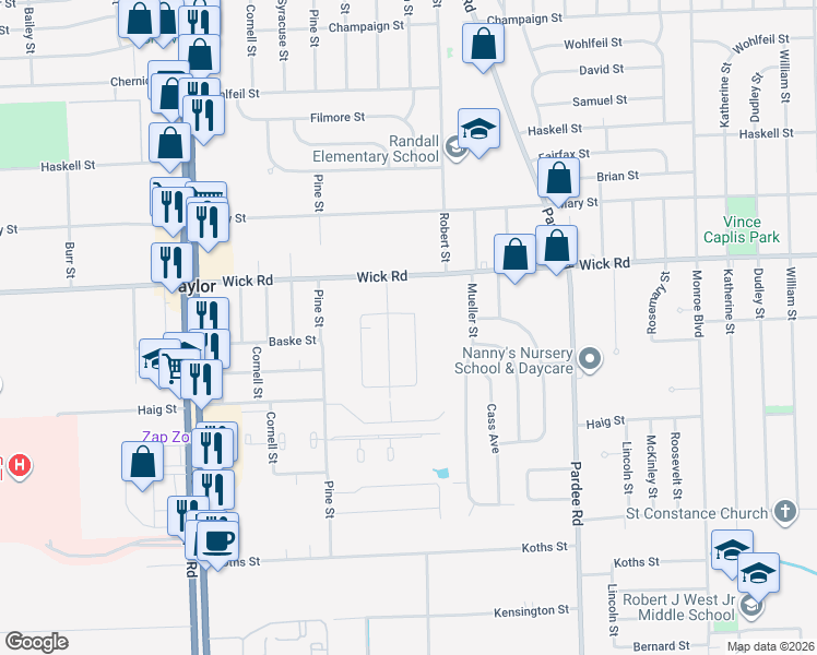 map of restaurants, bars, coffee shops, grocery stores, and more near 9319 Birch Street in Taylor
