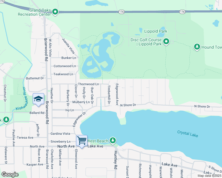 map of restaurants, bars, coffee shops, grocery stores, and more near 43 Timberhill Drive in Crystal Lake