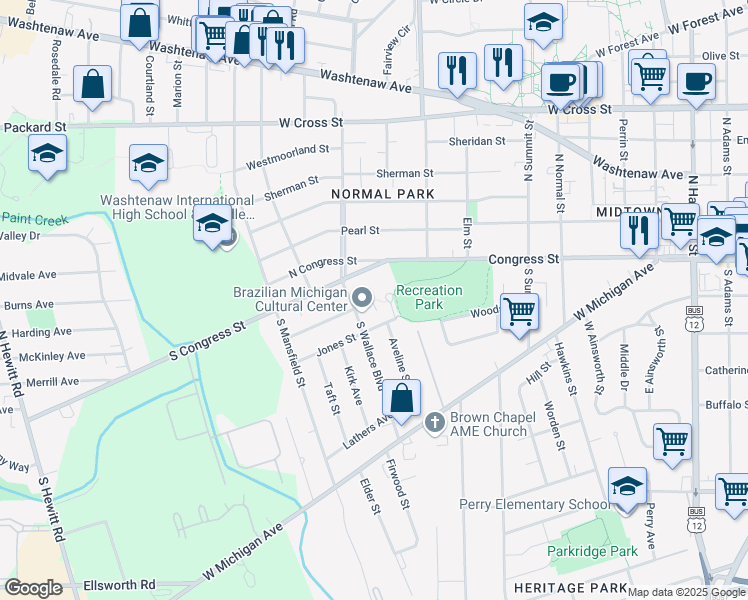 map of restaurants, bars, coffee shops, grocery stores, and more near 111 South Wallace Boulevard in Ypsilanti