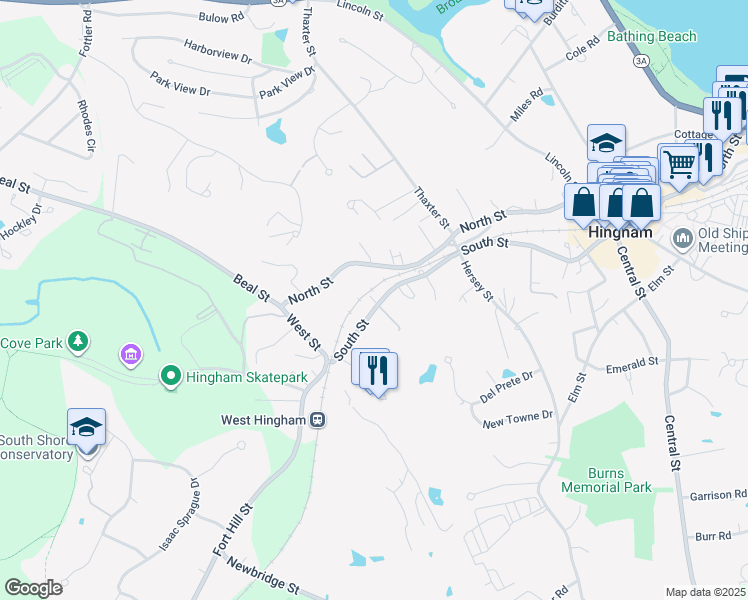map of restaurants, bars, coffee shops, grocery stores, and more near 239 South Street in Hingham