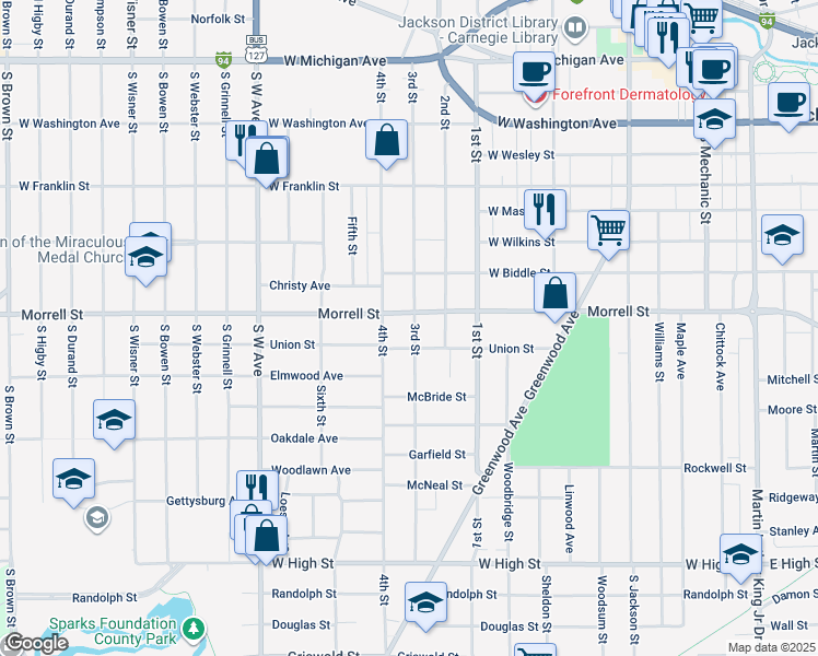 map of restaurants, bars, coffee shops, grocery stores, and more near 904 3rd Street in Jackson