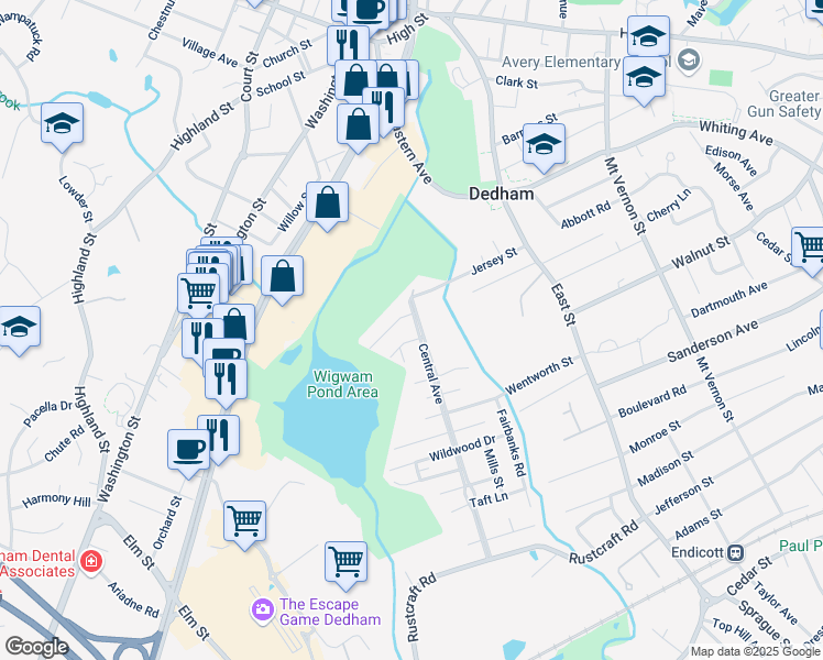 map of restaurants, bars, coffee shops, grocery stores, and more near 47 Fairbanks Road in Dedham
