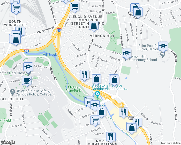 map of restaurants, bars, coffee shops, grocery stores, and more near 222 Vernon Street in Worcester