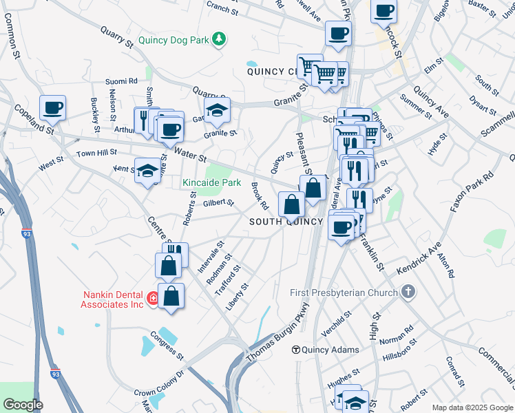 map of restaurants, bars, coffee shops, grocery stores, and more near 7 Intervale Street in Quincy