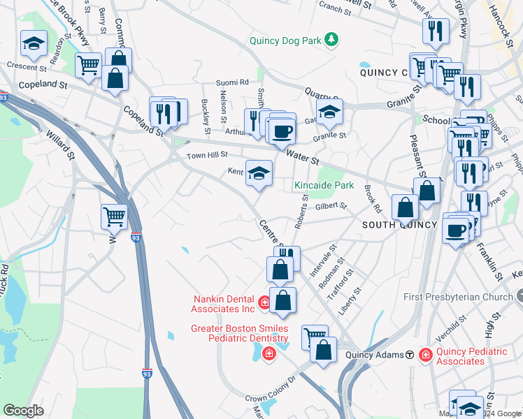 map of restaurants, bars, coffee shops, grocery stores, and more near 444 Granite Street in Quincy