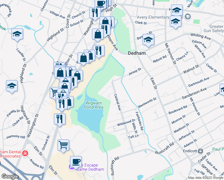 map of restaurants, bars, coffee shops, grocery stores, and more near 47 Fairbanks Road in Dedham