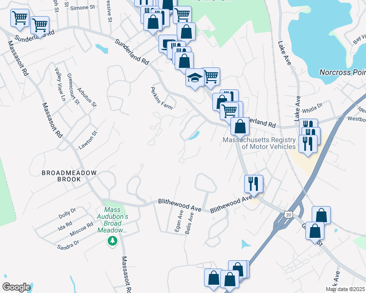 map of restaurants, bars, coffee shops, grocery stores, and more near 380 Sunderland Road in Worcester