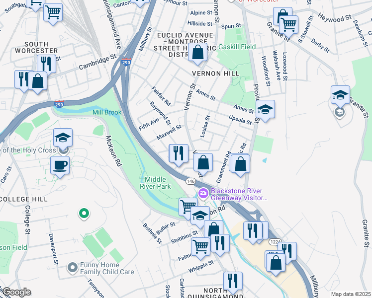 map of restaurants, bars, coffee shops, grocery stores, and more near 24B Esther Street in Worcester