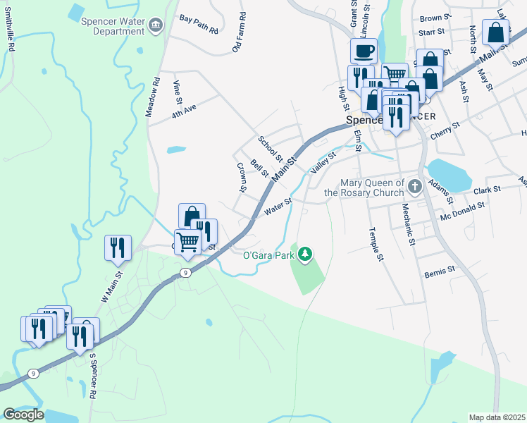 map of restaurants, bars, coffee shops, grocery stores, and more near 20 1/2 Main Street in Spencer
