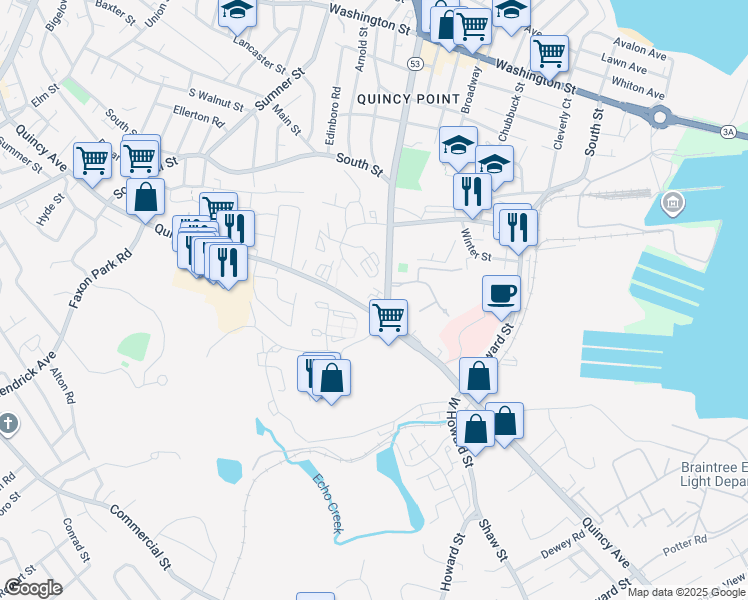 map of restaurants, bars, coffee shops, grocery stores, and more near 370 Quincy Avenue in Quincy