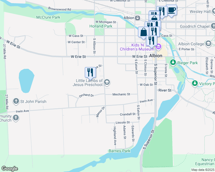 map of restaurants, bars, coffee shops, grocery stores, and more near 615 South Dalrymple Street in Albion