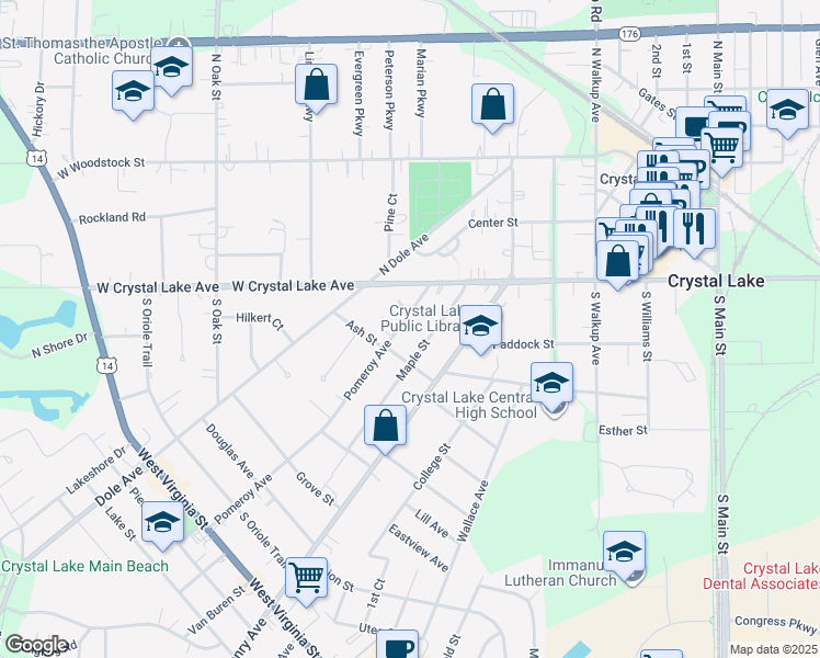 map of restaurants, bars, coffee shops, grocery stores, and more near 44 Maple Street in Crystal Lake