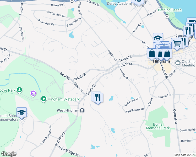 map of restaurants, bars, coffee shops, grocery stores, and more near 237 South Street in Hingham