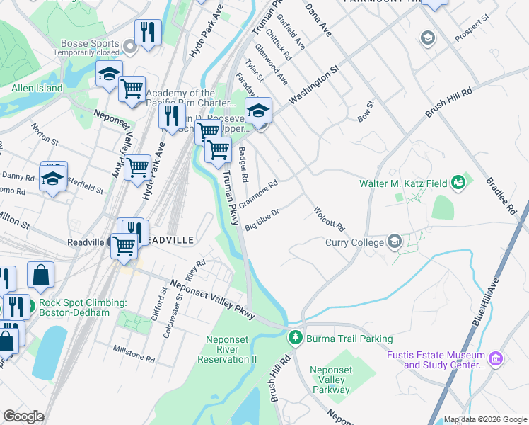 map of restaurants, bars, coffee shops, grocery stores, and more near 36 Big Blue Drive in Milton