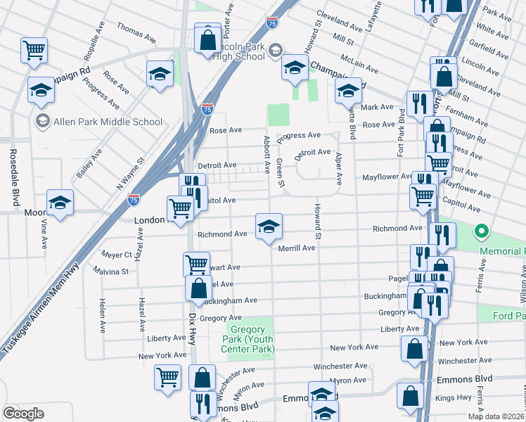 map of restaurants, bars, coffee shops, grocery stores, and more near 1705 Capitol Avenue in Lincoln Park