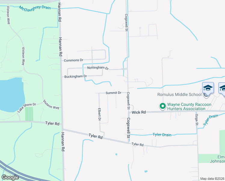 map of restaurants, bars, coffee shops, grocery stores, and more near 8950 Cogswell Street in Romulus