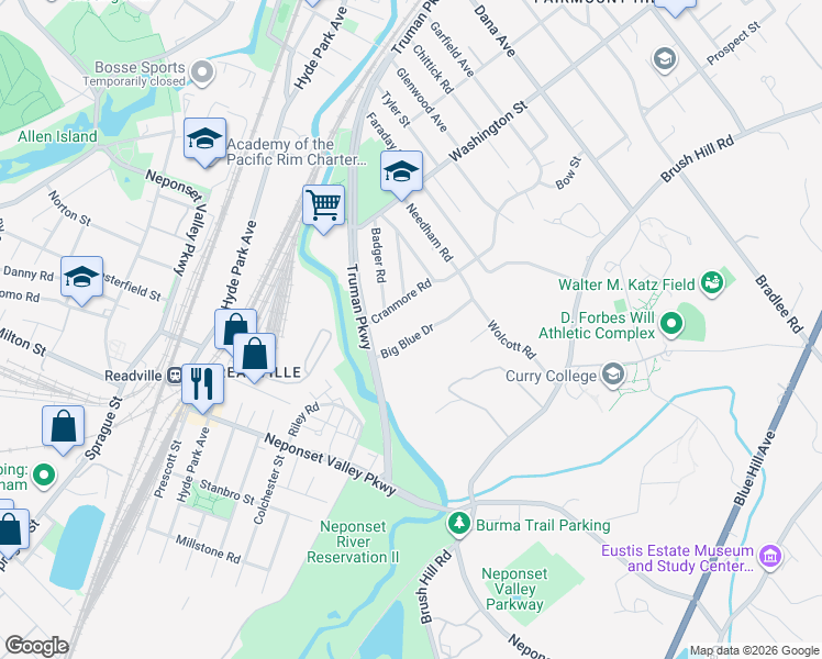 map of restaurants, bars, coffee shops, grocery stores, and more near 36 Big Blue Drive in Milton