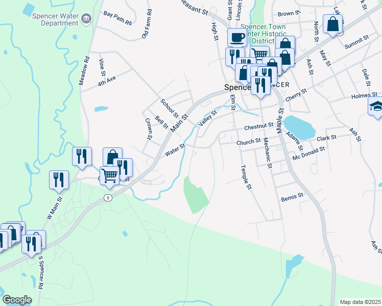 map of restaurants, bars, coffee shops, grocery stores, and more near 50 Valley Street in Spencer