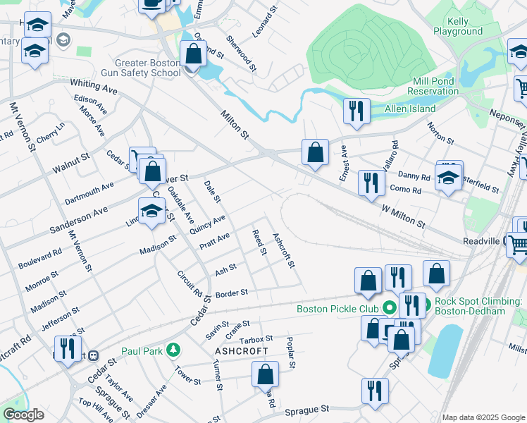 map of restaurants, bars, coffee shops, grocery stores, and more near 4 Ashcroft Street in Dedham