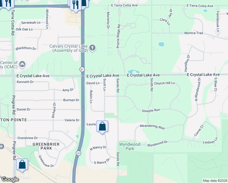 map of restaurants, bars, coffee shops, grocery stores, and more near 6117 Sands Road in Crystal Lake