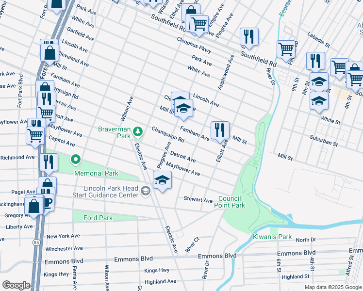 map of restaurants, bars, coffee shops, grocery stores, and more near 647 Champaign Road in Lincoln Park