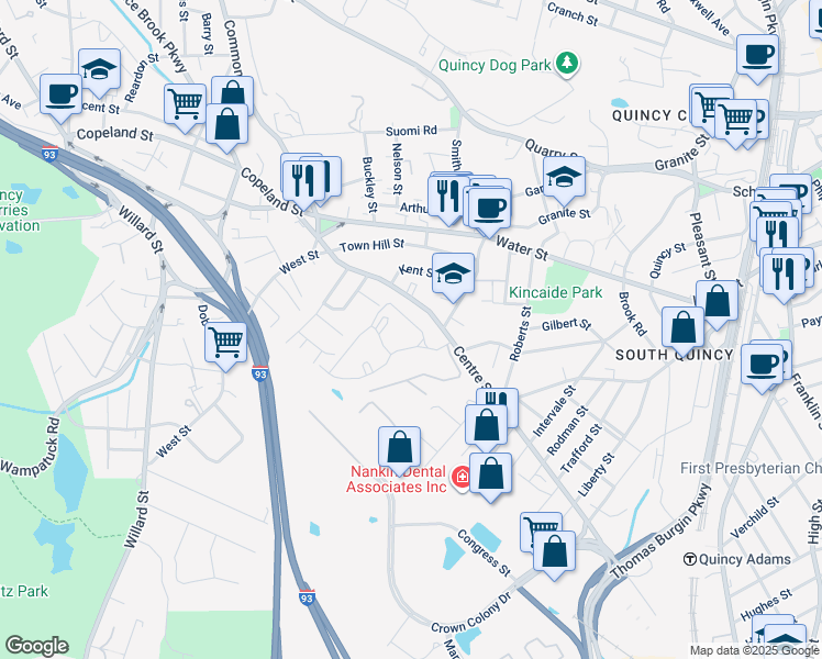 map of restaurants, bars, coffee shops, grocery stores, and more near 175 Centre Street in Quincy