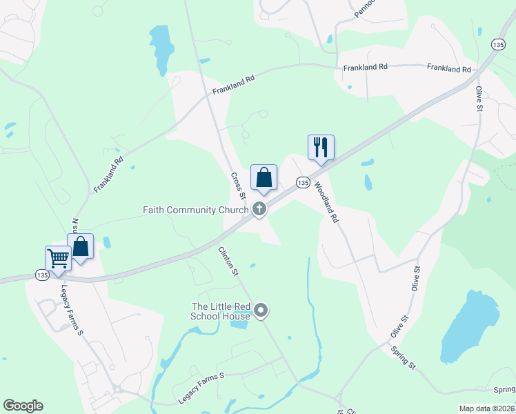 map of restaurants, bars, coffee shops, grocery stores, and more near 147 East Main Street in Hopkinton