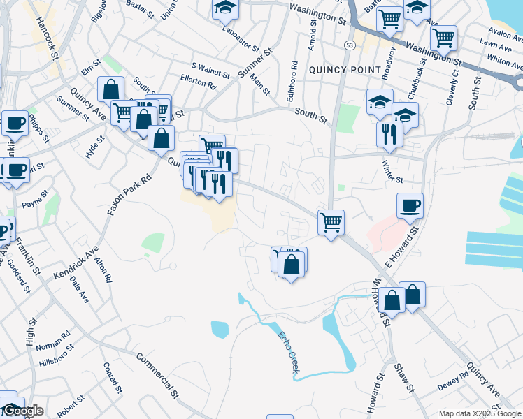 map of restaurants, bars, coffee shops, grocery stores, and more near 28 Apex Street in Quincy