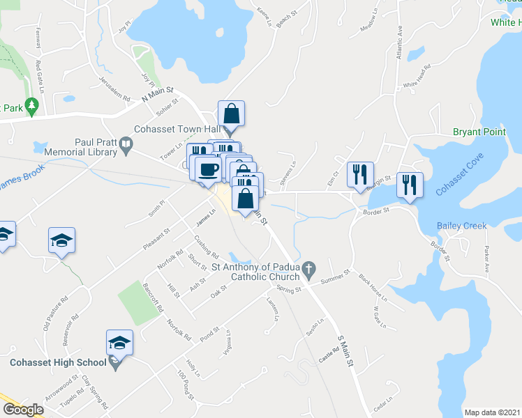 map of restaurants, bars, coffee shops, grocery stores, and more near 1 Brook Street in Cohasset