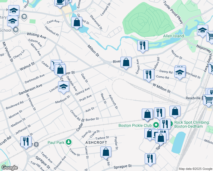 map of restaurants, bars, coffee shops, grocery stores, and more near 18 Ashcroft Street in Dedham