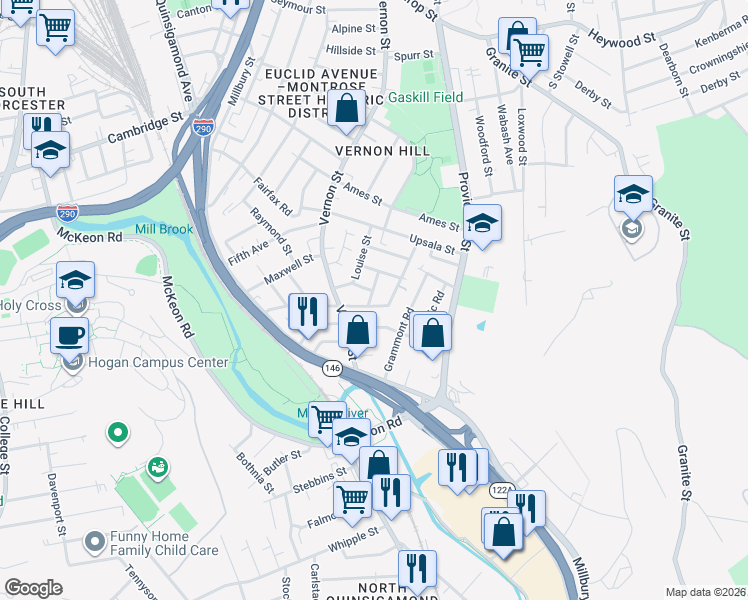 map of restaurants, bars, coffee shops, grocery stores, and more near 38 Esther Street in Worcester