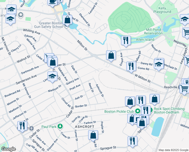 map of restaurants, bars, coffee shops, grocery stores, and more near 66 Quincy Avenue in Dedham