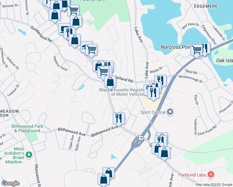 map of restaurants, bars, coffee shops, grocery stores, and more near 20 Duluth Street in Worcester