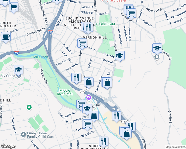 map of restaurants, bars, coffee shops, grocery stores, and more near 50 Esther Street in Worcester