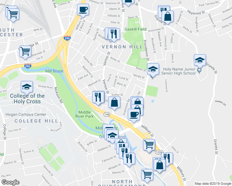 map of restaurants, bars, coffee shops, grocery stores, and more near 3 Rose Street in Worcester