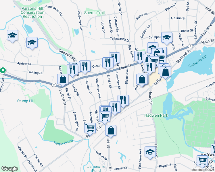 map of restaurants, bars, coffee shops, grocery stores, and more near 15 Eureka Terrace in Worcester