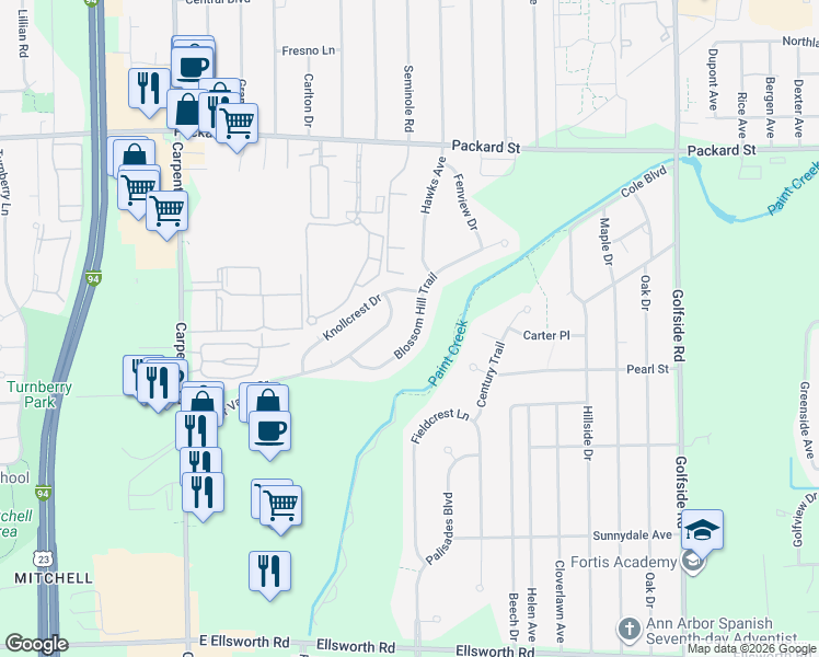 map of restaurants, bars, coffee shops, grocery stores, and more near 4475 Blossom Hill Trail in Ann Arbor