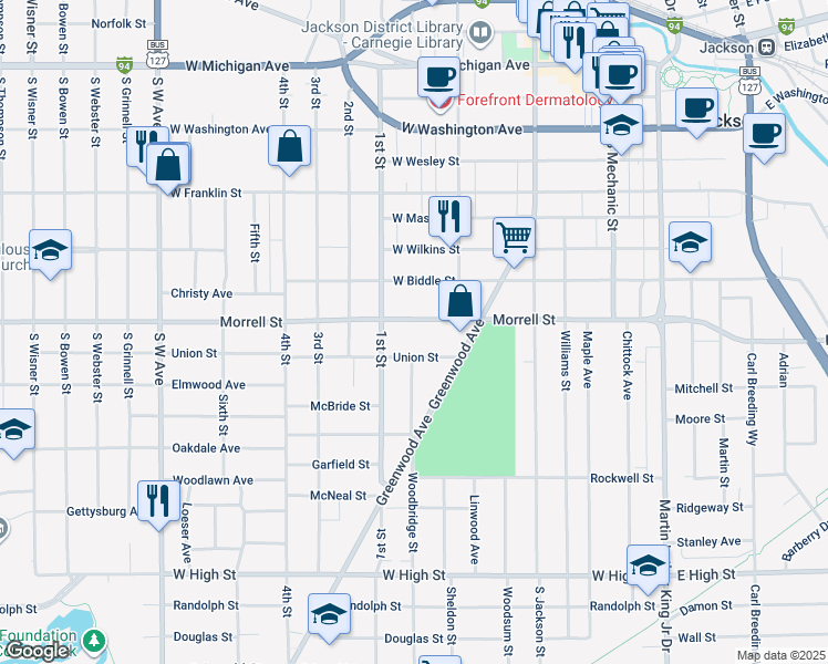 map of restaurants, bars, coffee shops, grocery stores, and more near 339 West Morrell Street in Jackson