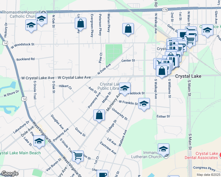map of restaurants, bars, coffee shops, grocery stores, and more near 44 Maple Street in Crystal Lake